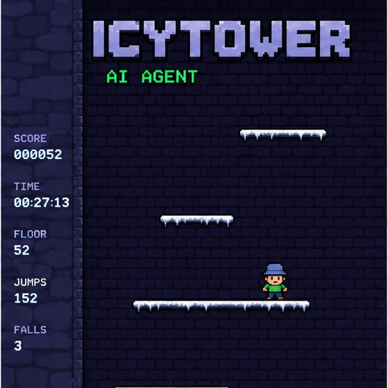 Stylized cover art: a pixel-art ICYTOWER title over an in-game scoreboard and the climbing character