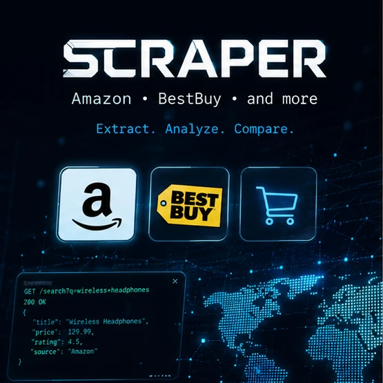 Stylized cover art: a sci-fi 'SCRAPER' UI mockup with Amazon, Best Buy and cart icons over a scraped results table