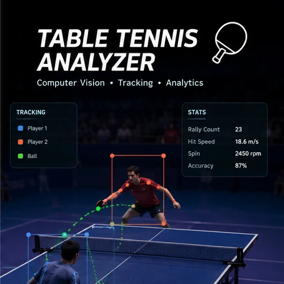 Stylized cover art: a 'TABLE TENNIS ANALYZER' UI mockup with tracking and stats panels over a court diagram